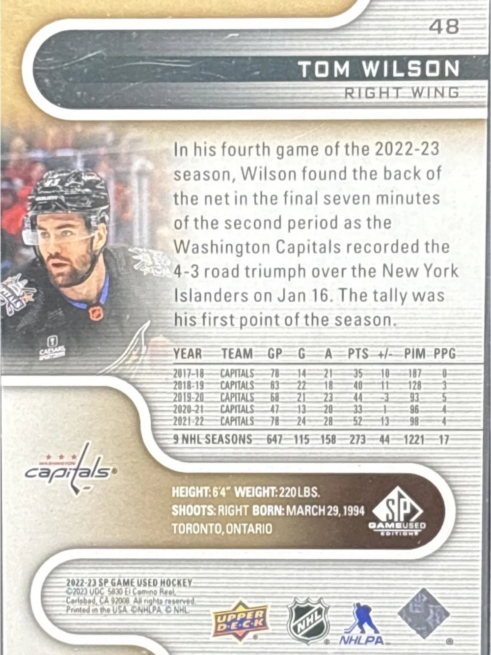 Tom Wilson Washington Capitals Hockey Trading Card LE 82/112
